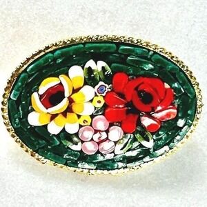 Vintage Italian Micro Mosaic Brooch Pin Floral Gold Tone Oval 1.5" Beaded Frame